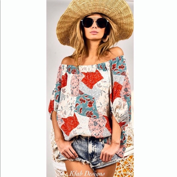New!Clearance 🔥Boho Floral Patchwork Woven Off Shoulder Ballon Sleeve Soft Top - Picture 10 of 16